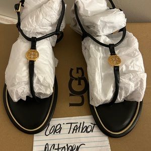 Brand New Tory Burch Emmy Black and Gold Thong Sandals with Textured Soles